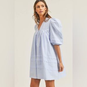 Blue Puff Sleeve Babydoll Dress
